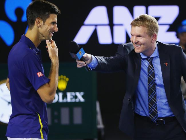 MELBOURNE, AUSTRALIA - JANUARY 28:  Novak Djokovic of Serbia speaks to television commentator and tennis legend Jim Courier after winning in his semi final match against Roger Federer of Switzerland during day 11 of the 2016 Australian Open at Melbourne Park on January 28, 2016 in Melbourne, Australia.  (Photo by Michael Dodge/Getty Images)