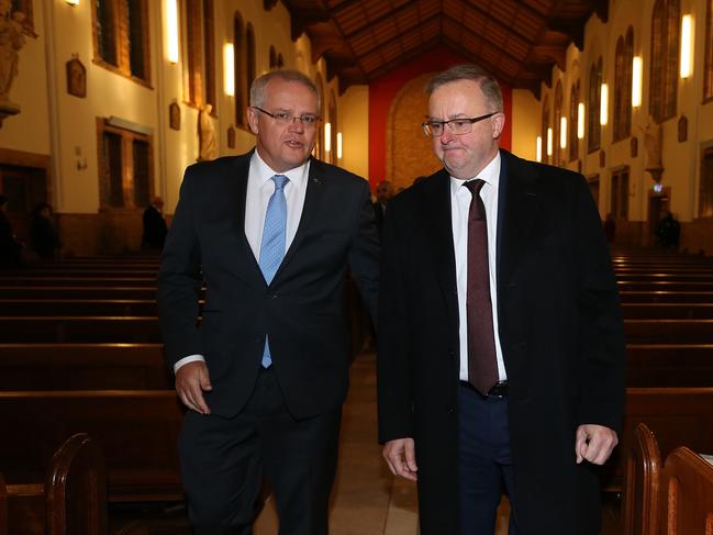 PM Scott Morrison and Opposition Leader Anthony Albanese after attending the Church Service to mark the start of the 46th Parliament, at St Christopher's Cathedral in Canberra. Picture Kym Smith