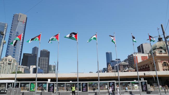 Fed Square Flying the Palestinian Flags. Friday, October 27, 2023. Picture: David Crosling