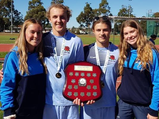 Ashleigh Ensbey (NSW State U18 Girls), Tyler Gaddes (NSW State U18 Boys), Rhys Cropper (NSW State U18 Boys) and Mackenna Ensbey (NSW Blues U18 Girls) at the 2020 Australian Under-18 Hockey Championships at Launceston on Friday, 16th April, 2021, after NSW State secured the Under-18 Boys title with a 2-1 win over Western Australia Gold.