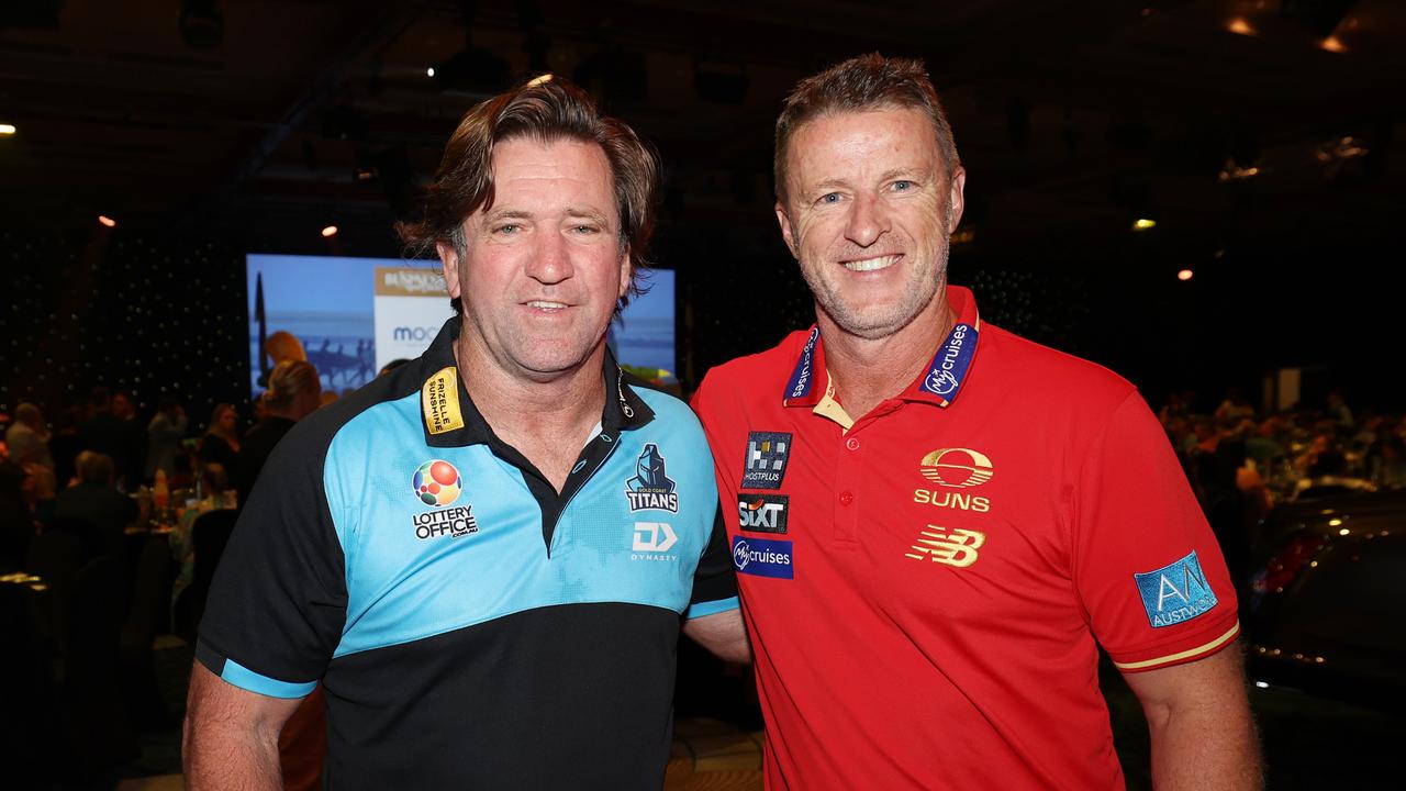 Des Hasler and Damian Harwick shared the stage at the Business Meets Sports luncheon fundraiser for the Surfers Paradise Surf Life Saving Club. Picture: Annette Dew