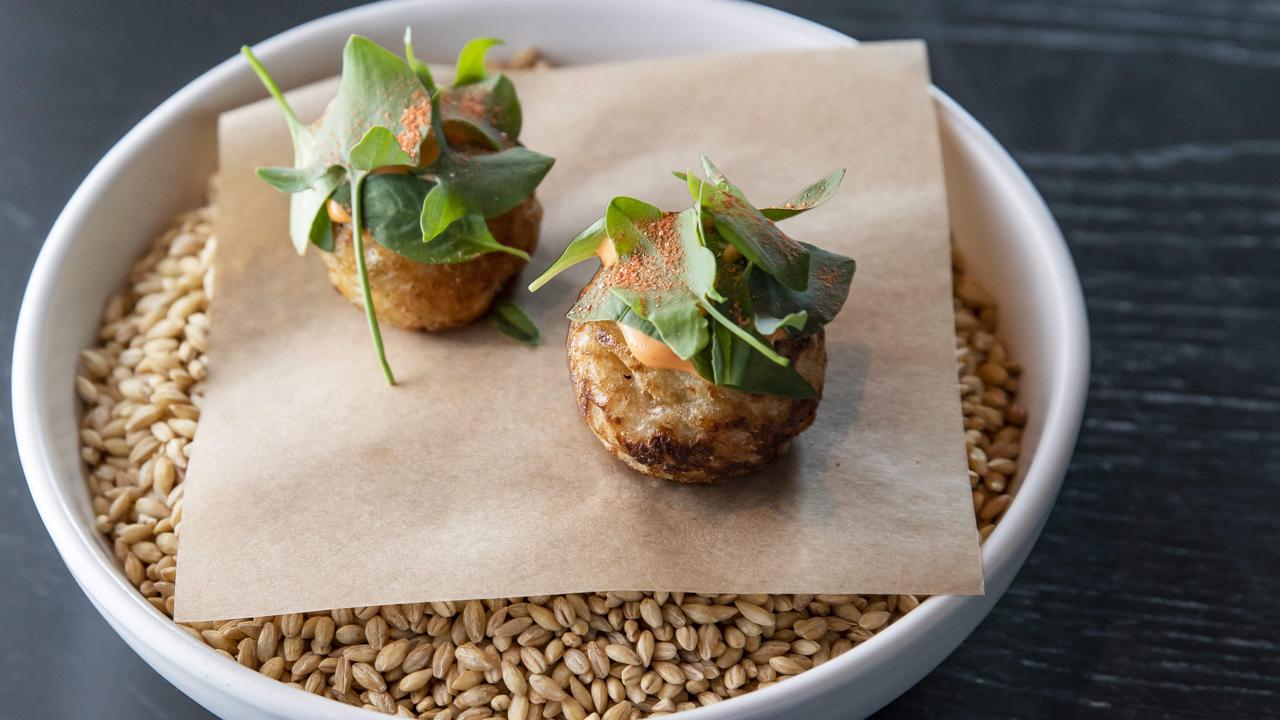 The scarlet prawn doughnuts at Agnes. Picture: Mark Cranitch.