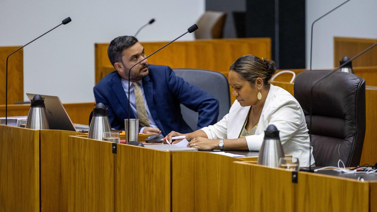 Selina Uibo and Dheran Young in the Northern Territory parliament 2025. Picture: Pema Tamang Pakhrin