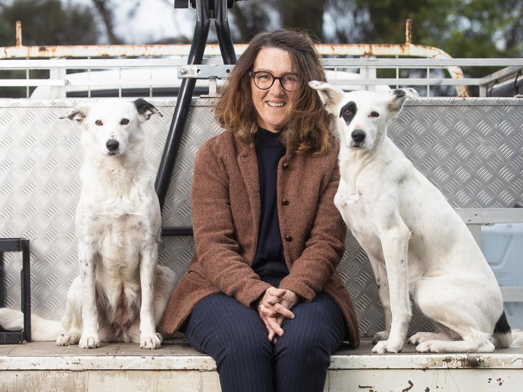 For the first time ever (since 1949), a woman has won the Tasmanian Working Sheep Dog State Championships. Carmen Blyth took out first place with her dog Somerville Spec. Camen with her sheep dogs Somerville Spec and Somerville Poppy. Picture: RICHARD JUPE