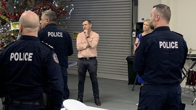 Chief Minister Michael Gunner and Deputy Chief Minister and Police Minister Nicole Manison meeting members of the NT Police force in Alice Springs yesterday.