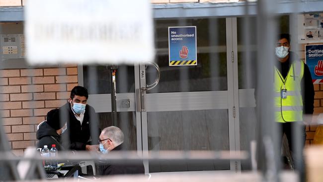 Security patrols at the entrance to the Bondi Junction apartment block today. Picture: NCA NewsWire / Jeremy Piper