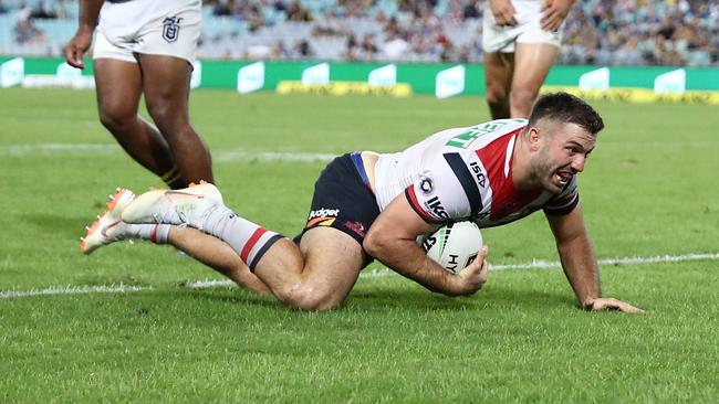 James Tedesco scores a crucial try against the Eels. 