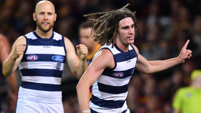 Gryan Miers celebrates a goal against Adelaide in Round 3. Picture: AAP Image/David Mariuz