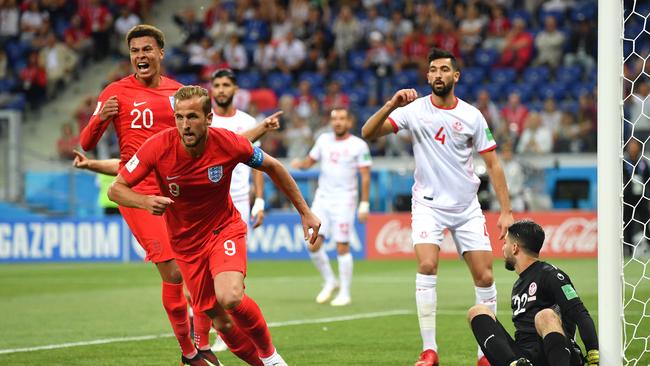 Harry Kane celebrates after scoring his team's first goal during the 2018 FIFA World Cup. Picture: Getty Images