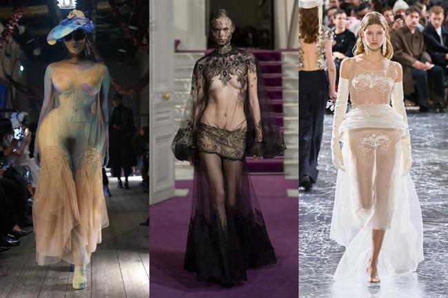 Above (L-R): Maison Margiela, Valentino, Jean Paul GaultierSheer and sensual One of the more unexpected themes at Haute Couture Week this season was eroticism, which charged the runways at Maison Margiela and Jean Paul gaultier specifically. Simone Rocha saluted to the Gaultier codes with her own twist on the house’s body-forward silhouettes, crafting conical bras shaped like rose thorns. From the iconoclastic mind of John Galliano came merkins and seamlaced dresses; it was as bawdy as it was beautiful—history-making for couture. Valentino, meanwhile, closed the show with a naked gown. The face was veiled and the torso bared; this was sexuality first. 