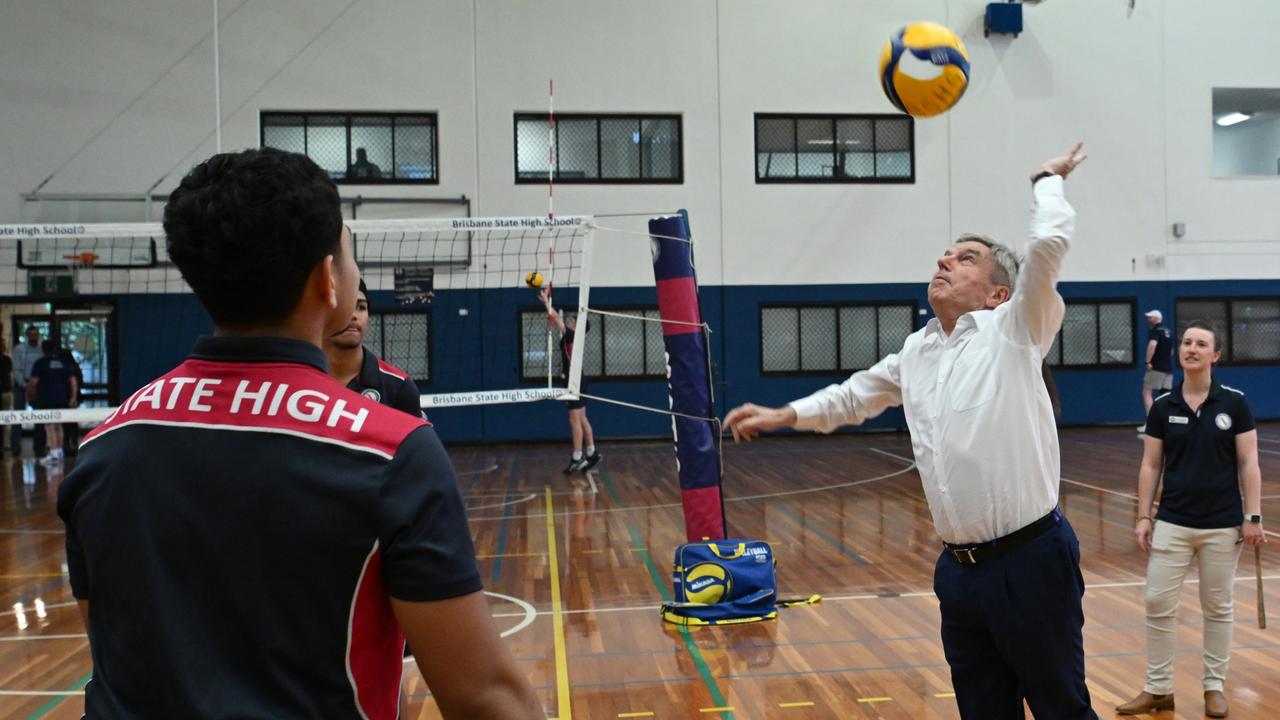 Mr Bach tries his hand at volleyball. Picture: Lyndon Mechielsen