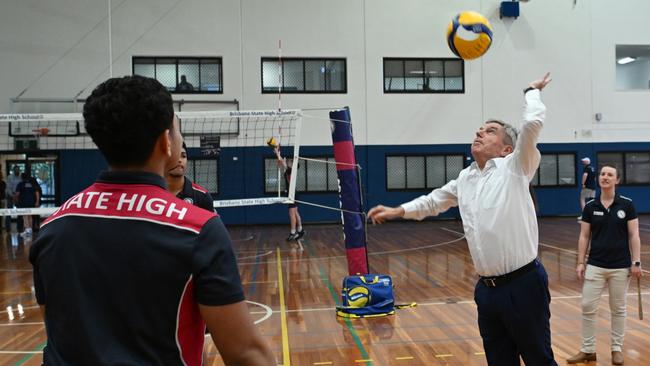 Mr Bach tries his hand at volleyball. Picture: Lyndon Mechielsen