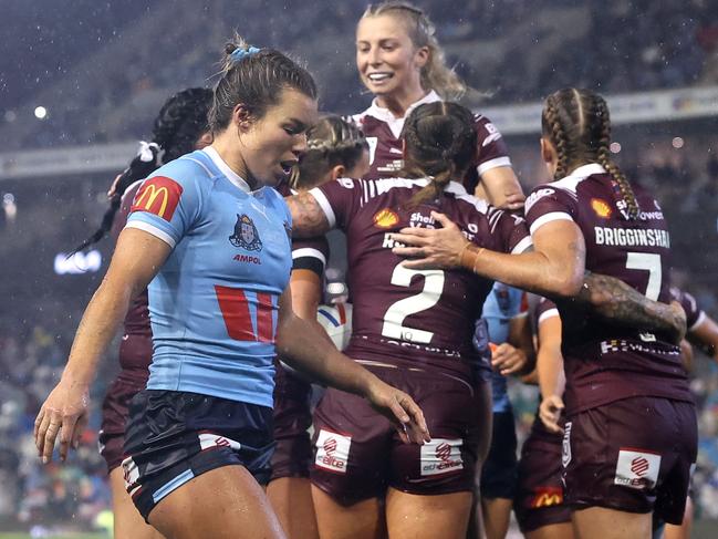 NEWCASTLE, AUSTRALIA - JUNE 06:  Emma Tonegato of the Blues reacts after a Maroons try during game two of the Women's State of Origin series between New South Wales Sky Blues and Queensland Maroons at McDonald Jones Stadium on June 06, 2024 in Newcastle, Australia. (Photo by Cameron Spencer/Getty Images)