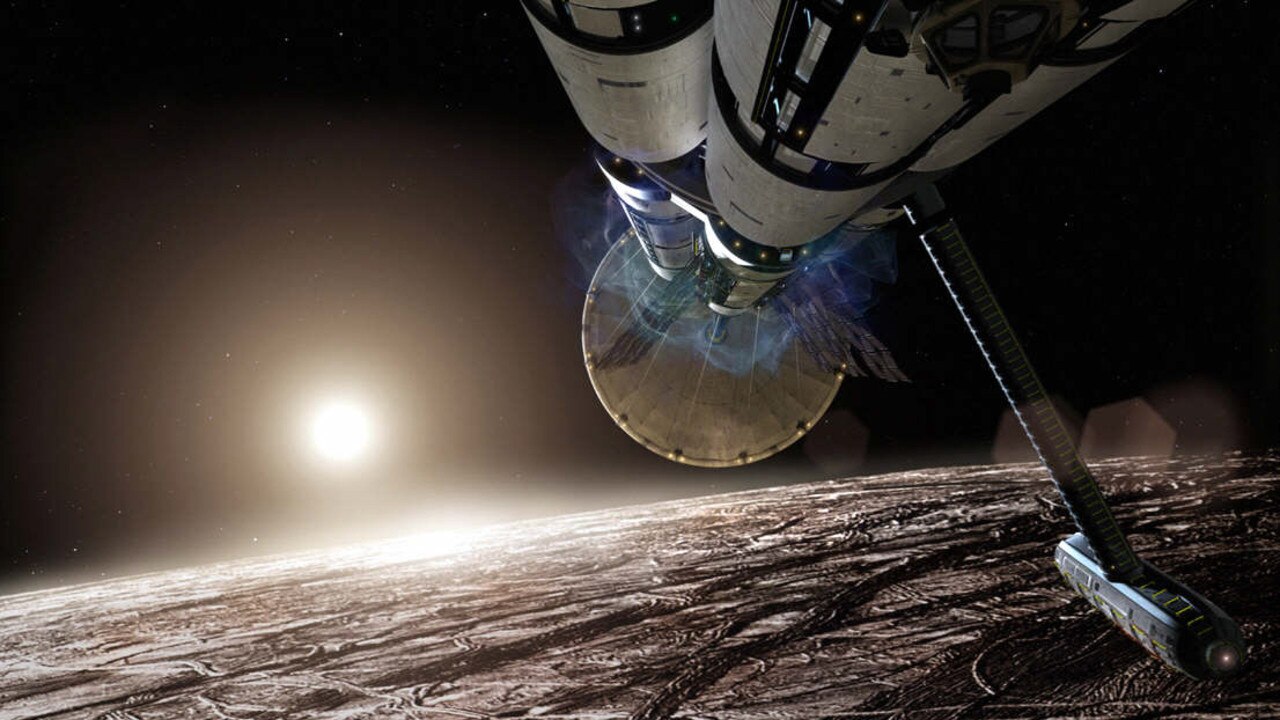MAY, 2005 : Pegasus in orbit over Europa - the icy moon of Jupiter, a hundred km deep ocean of salt water is thought to underlie this thick ice layer, in a still from Episode 2 of the TV show 