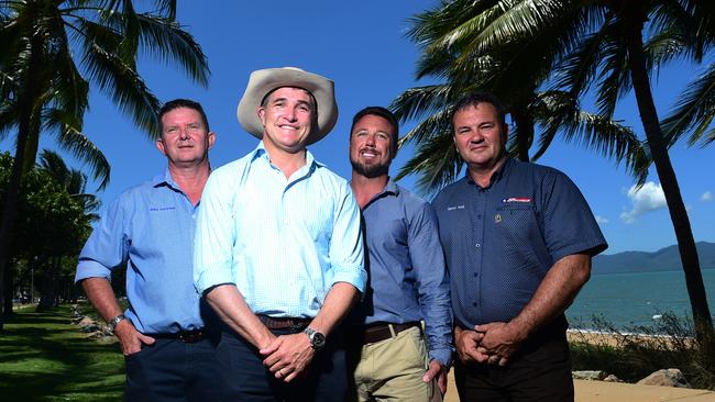 Robbie Katter (second from left) in Townsville with KAP candidates Mike Abraham, Nick Dametto (third left) and Terry Fox. Picture: Evan Morgan