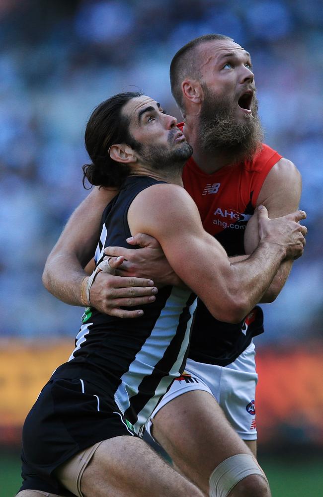 Max Gawn goes up agaimst Brodie Grundy in a ruck contest on Sunday. Picture: Wayne Ludbey