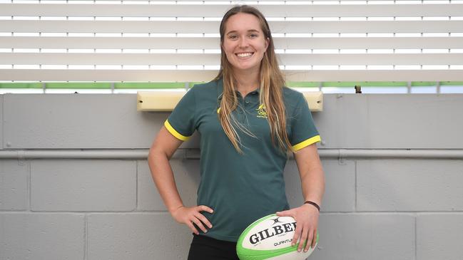 Tia Hinds of Australia poses during the Australian Rugby Sevens Tokyo Olympic Games Team Announcement in 2021. (Photo by Ian Hitchcock/Getty Images)