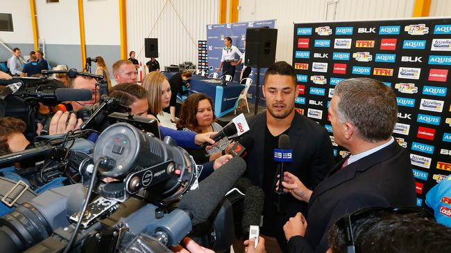 Jarryd Hayne speaks to the media after announcing he’s joined the Titans.
