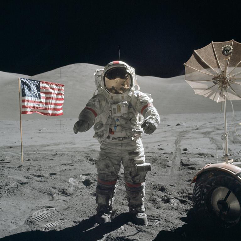 Eugene Cernan, the last person to leave footprints on the Moon, is seen here on the lunar surface in December 1972 during the Apollo 17 mission.