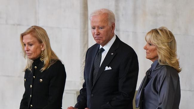 U.S. President Joe Biden and first lady Jill Biden (right) view the coffin of Queen Elizabeth II lying in state at Westminster Hall on September 18. Picture: Joe Giddens-WPA Pool/Getty Images