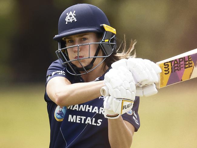 MELBOURNE, AUSTRALIA - JANUARY 05: Ellyse Perry of Victoria bats during the WNCL match between Victoria and New South Wales at CitiPower Centre, on January 05, 2023, in Melbourne, Australia. (Photo by Daniel Pockett/Getty Images)