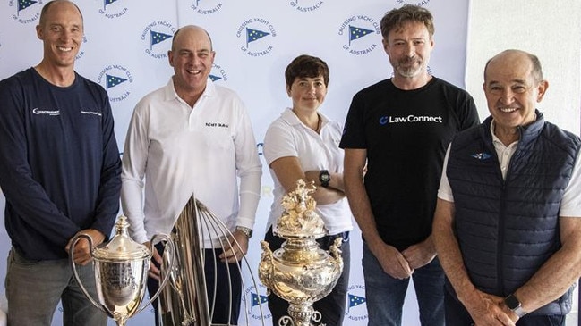 Sydney to Hobart skippers Jules Hall, Matt Allen, Jen Linkova, Christian Beck and David Griffith. Pic: Andrea Francolini