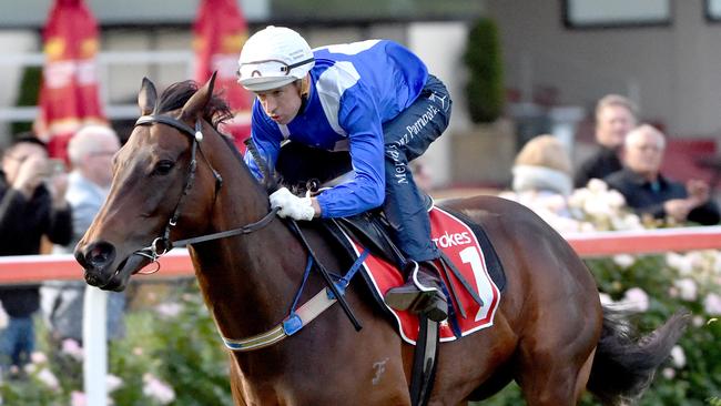 Winx with jockey Hugh Bowman at Moonee Valley’s Breakfast With the Best. Picture: Jay Town