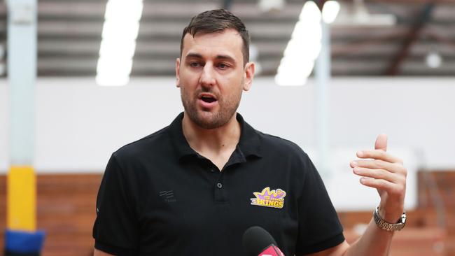 Andrew Bogut speaks to the media. Photo by Matt King/Getty Images.