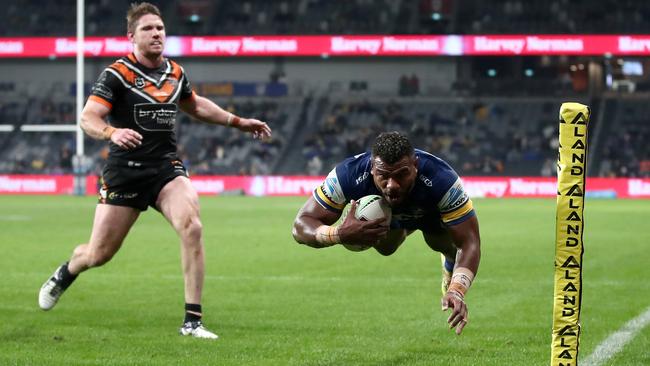 Parramatta’s Maika Sivo scores against Wests Tigers at Bankwest Stadium. Picture: Getty Images