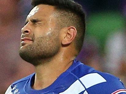 Rhyse Martin of the Bulldogs reacts to a missed conversion which would have leveled the scores late in the match during the Round 4 NRL match between the Melbourne Storm and Canterbury Bulldogs at AAMI Park in Melbourne, Sunday, April 7, 2019. (AAP Image/Hamish Blair) NO ARCHIVING, EDITORIAL USE ONLY