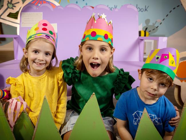 ADELAIDE, SOUTH AUSTRALIA - Advertiser Photos April 24, 2025 - Isabelle Lange 7yrs, Lila Morris 9yrs and Jude Lange 4yrs enjoying the exhibition ÃListen to MeÃ in ArtSpace a part of the DreamBig Children's Festival, at AdelaideÃs Festival Centre. Picture: Emma Brasier