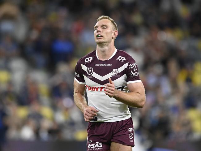 Playing centre in his first game back from injury, Tom Trbojevic had a mixed night as he put his case forward for a NSW call up. Picture: Getty Images