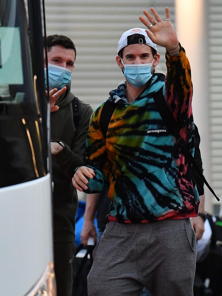 Dominic Thiem was seen waving as he boarded the bus. Picture: Mark Brake/Getty Images