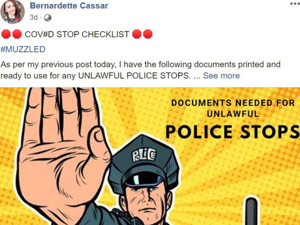 The list of anti-masker statements for police are classic obstructionist tactics based on quasi-legal claptrap. Picture: Facebook