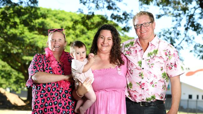 Naomi Hamilton, James Walker, 10 months, Jess Walker, and Nick Walker have organised the Paint the Riverway Pink Fundraiser. Picture: Shae Beplate.