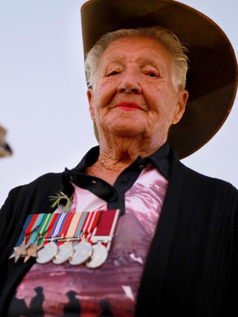 Blacktown’s Ruth Jones with her late husband Thomas Jones’ World War II medals at Anzac Day commemorations at Pinegrove Memorial Park in Minchinbury. Picture: Angelo Velardo