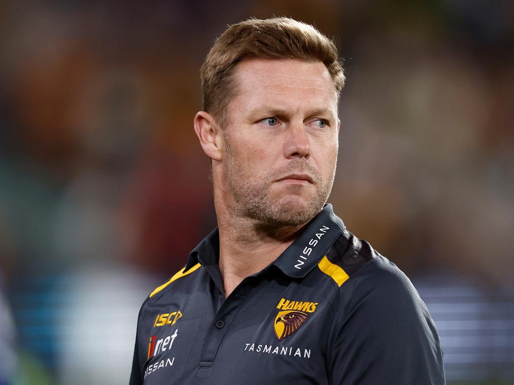 Sam Mitchell is quite under threat just yet, but he and the Hawks will be ruing that the club’s rebuild took so long to get under way. Picture: Michael Willson/AFL Photos via Getty Images.