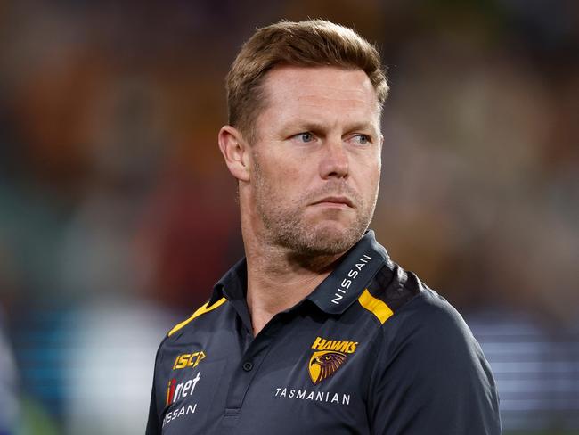 Sam Mitchell is quite under threat just yet, but he and the Hawks will be ruing that the club’s rebuild took so long to get under way. Picture: Michael Willson/AFL Photos via Getty Images.