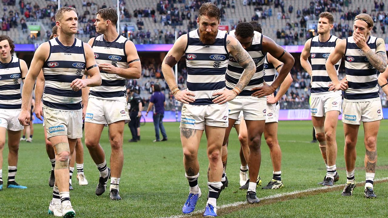 Geelong walks off after losing to Fremantle in Round 20. (Photo by Paul Kane/Getty Images)