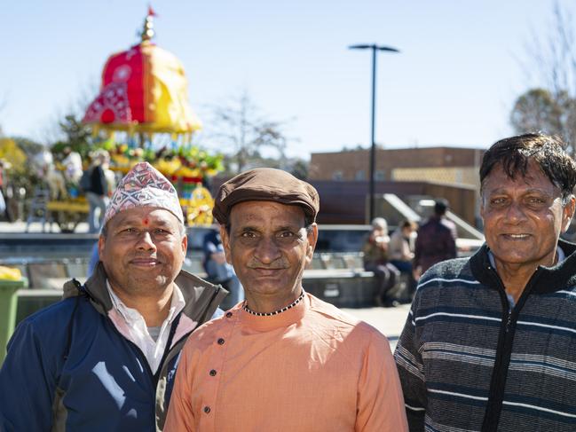 At Toowoomba's Festival of Chariots are (from left) Balaram Tripathi, Mafat Bhai Patel and Dipak Patel, Saturday, July 20, 2024. Picture: Kevin Farmer