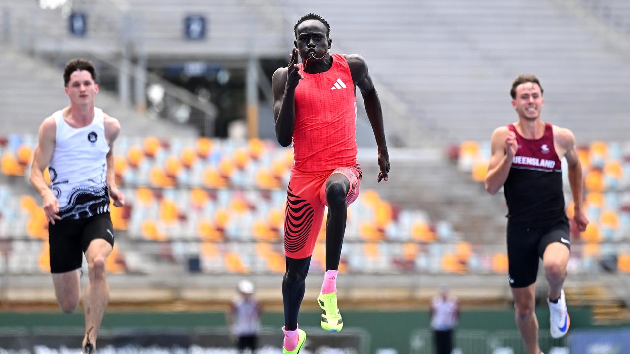 Gout Gout of Tigers Athletics Club competes in the Men 100m Under 20 Finals during the Queensland Athletics Championships at Queensland Sport and Athletics Centre. Photo: Albert Perez