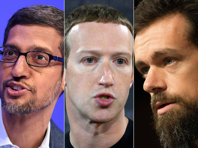 (FILES)(COMBO)(L-R) This combination of file photos created on October 1, 2020 shows Alphabet CEO Sundar Pichai during a session at the World Economic Forum (WEF) annual meeting in Davos, on January 22, 2020, Facebook founder Mark Zuckerberg  at Georgetown University in Washington, DC on October 17, 2019, and CEO of Twitter Jack Dorsey testifies before the Senate Intelligence Committee on Capitol Hill in Washington, DC, on September 5, 2018. - Big Tech is bracing for a tumultuous week marked by quarterly results likely to show resilience despite the pandemic, and fresh attacks from lawmakers ahead of the November 3 election. With backlash against Silicon Valley intensifying, the companies will seek to reassure investors while at the same time fend off regulators and activists who claim these firms have become too dominant and powerful. (Photos by AFP)