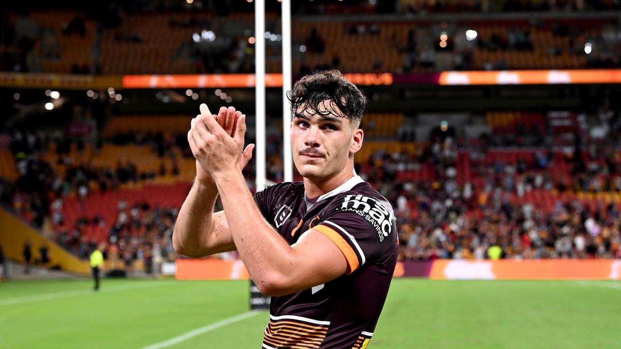 BRISBANE, AUSTRALIA - MARCH 11: Herbie Farnworth of the Broncos celebrates victory after the round one NRL match between the Brisbane Broncos and the South Sydney Rabbitohs at Suncorp Stadium, on March 11, 2022, in Brisbane, Australia. (Photo by Bradley Kanaris/Getty Images)