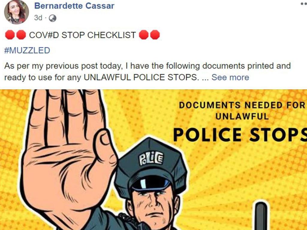 Bernadette Cassar came up with the ‘COVID Stop Checklist’ being used by anti-maskers defying police enforcement of the new laws. Picture: Facebook