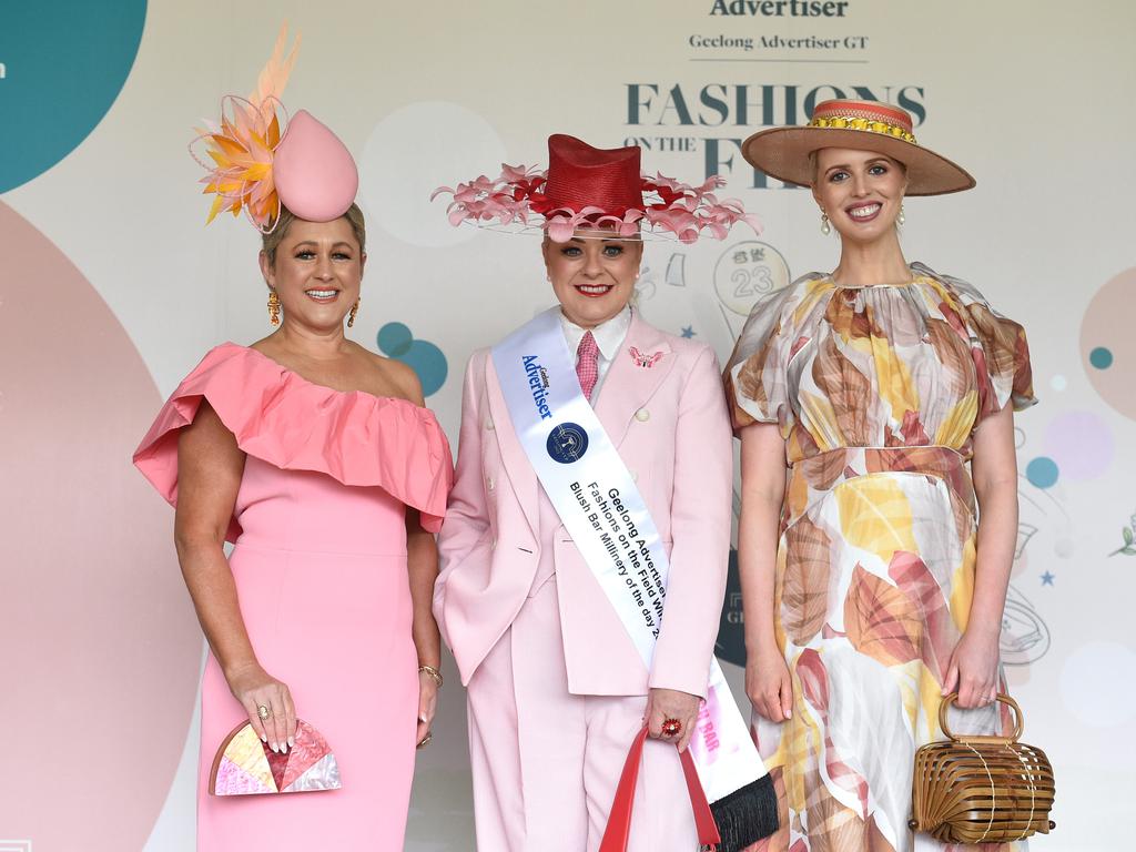 Belinda Nurse, Millinery of the Day winner Eliza Fraser, and Andrea Moore at Fashions on the field at Geelong Cup. Picture: David Smith