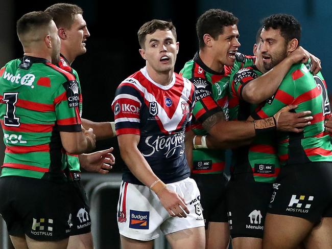 SYDNEY, AUSTRALIA - SEPTEMBER 25:  Alex Johnston of the Rabbitohs scores a try during the round 20 NRL match between the South Sydney Rabbitohs and the Sydney Roosters at ANZ Stadium on September 25, 2020 in Sydney, Australia. (Photo by Cameron Spencer/Getty Images)