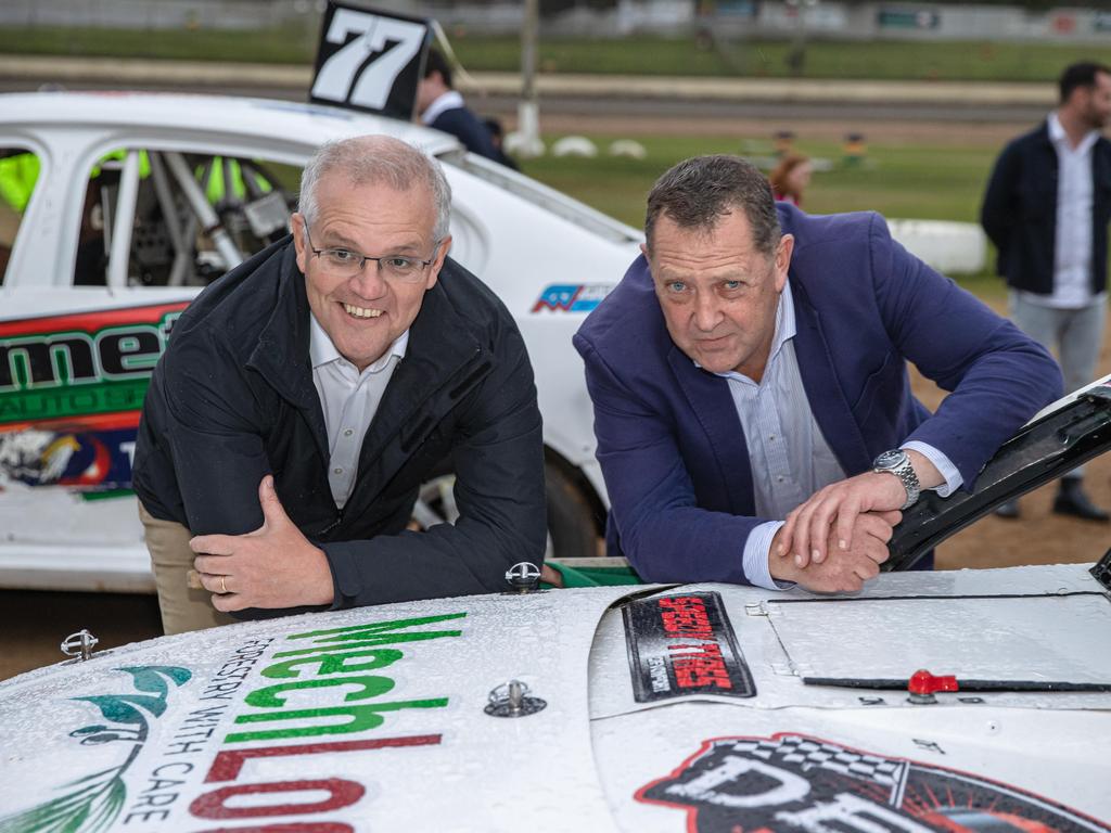 Former prime minister Scott Morrison and Braddon MP Gavin Pearce at Latrobe Speedway. Picture: Jason Edwards