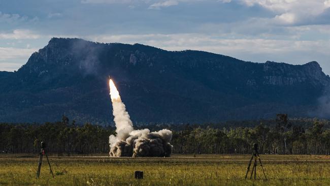 United States Marine Corps from the Second Marine Division fire HIMARS missiles onto target during the multi-national live firepower demonstration at Shoalwater Bay Training Area during Exercise Talisman Sabre 2023. Supplied Australian Defence Force