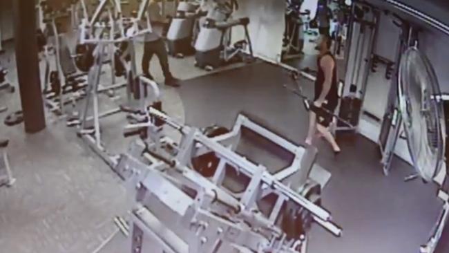 CCTV footage shows Nomads members Blake Martin and James Quinnell allegedly bashing Finks member Allan Arnold at Anytime Fitness, Kotara, in March 2017.