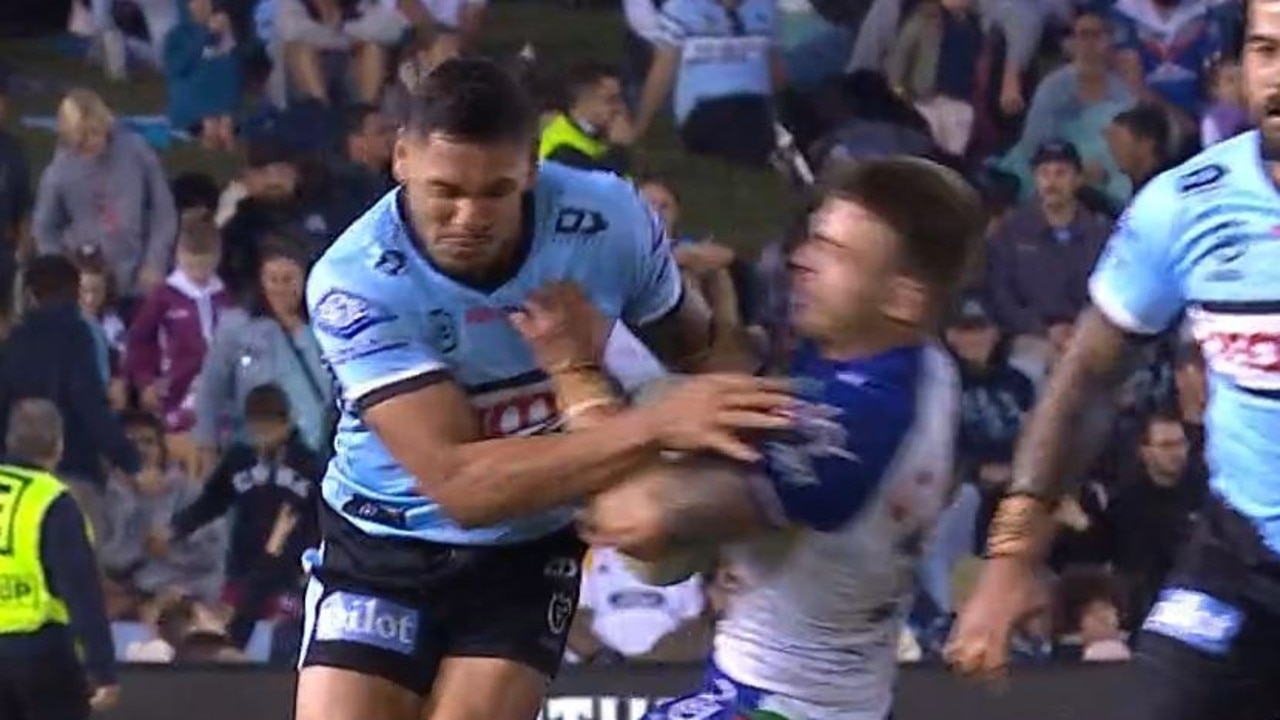 Jesse Ramien's high shot on left Warriors backrower Euan Aitken concussed. Supplied